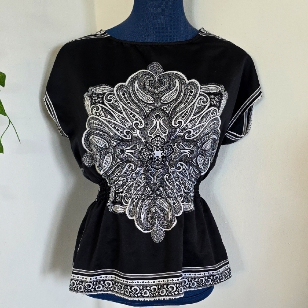 Wet Seal Scarf Blouse Top Black White Paisley Design
